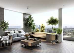 Gezellig balkon voor indoor- en outdoor living met elegante tuinmeubels en natuurlijke inrichting