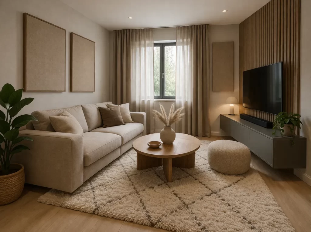 Moderne, warme woonkamer met gordijnen, vloerkleed en wandpanelen die galm en echo helpen verminderen.