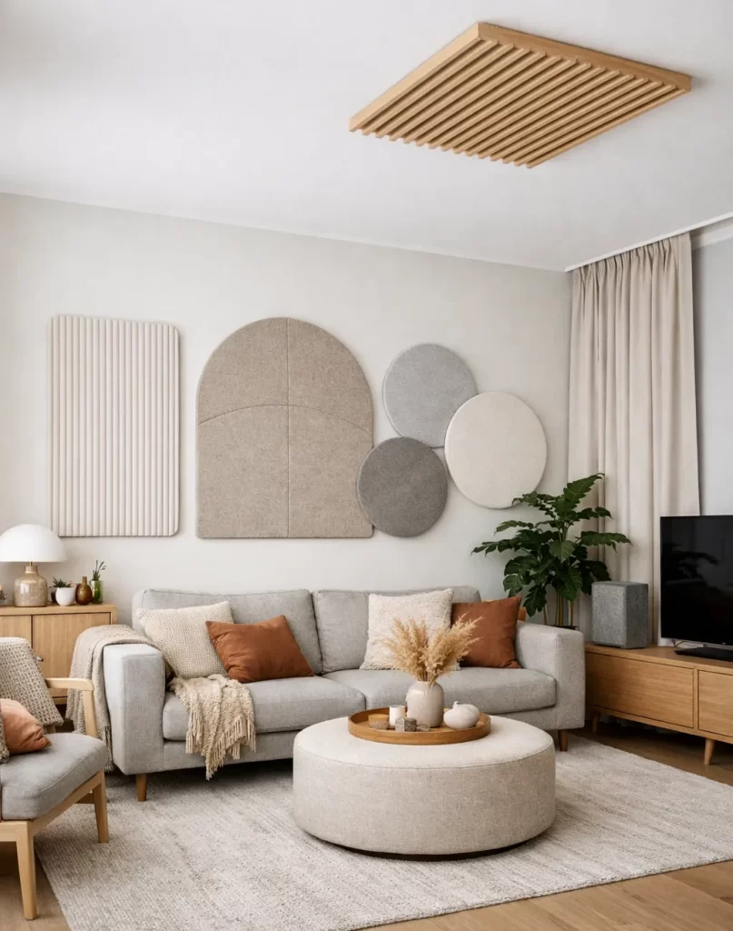 Een rustige, stijlvolle woonkamer met zachte materialen en akoestische panelen voor minder galm en meer comfort.