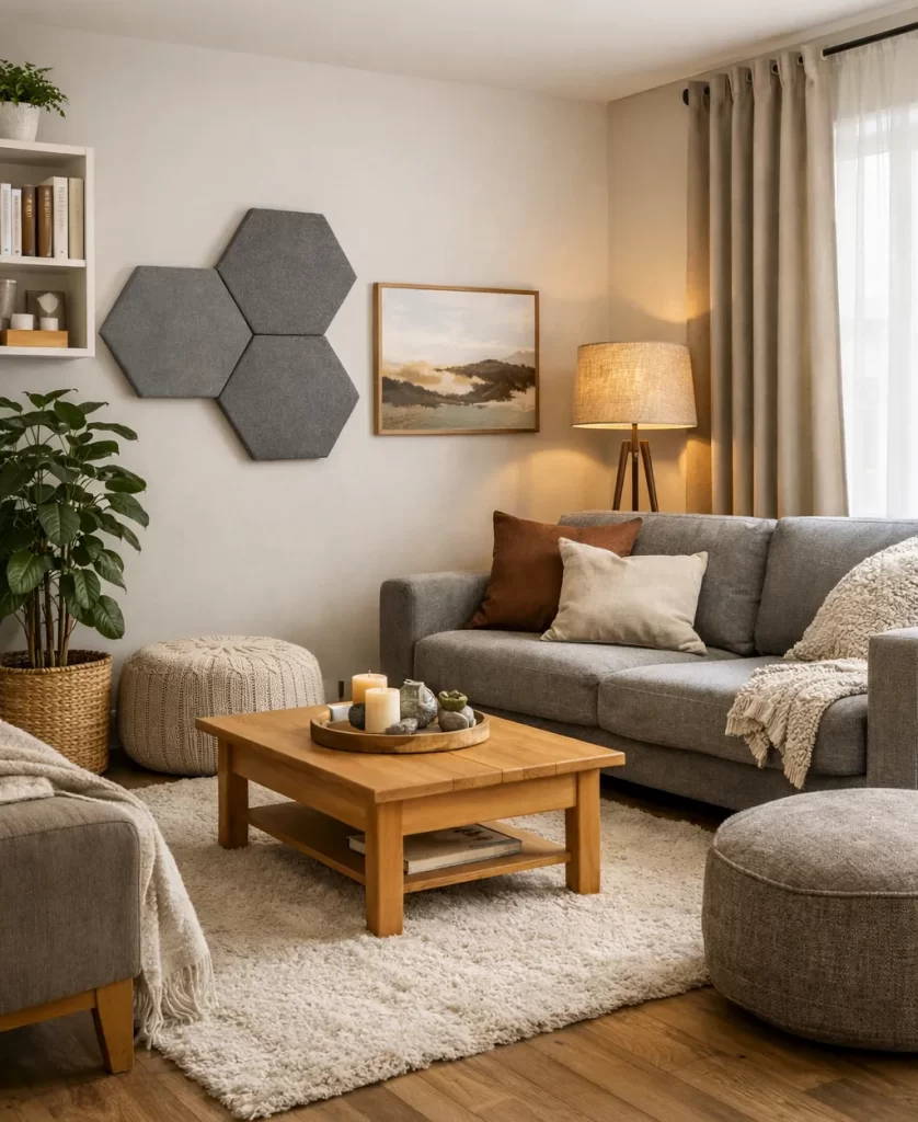 Moderne woonkamer met zachte materialen die galm helpen dempen, zoals vloerkleed, gordijnen, kussens en akoestische wandpanelen.