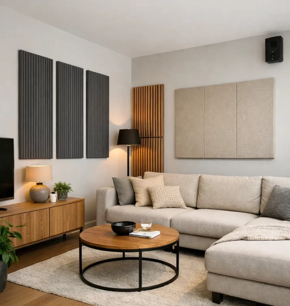 Moderne woonkamer met akoestische panelen aan de muur voor betere geluidsdemping en een rustige uitstraling.