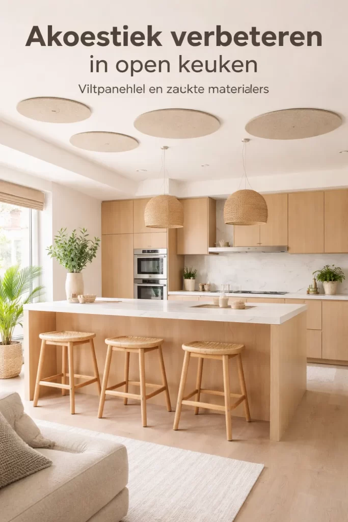 Warme open keuken met zachte materialen en plafondpanelen voor minder galm.