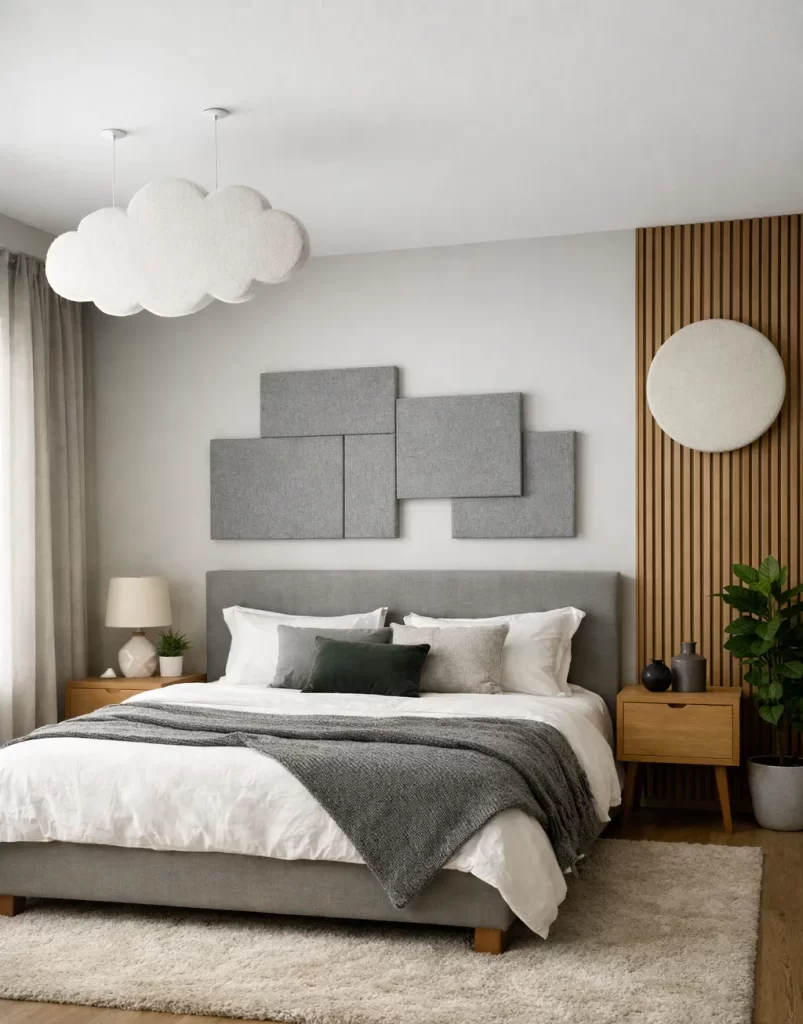 Moderne slaapkamer met zachte materialen en akoestische wandpanelen voor meer rust en minder galm.
