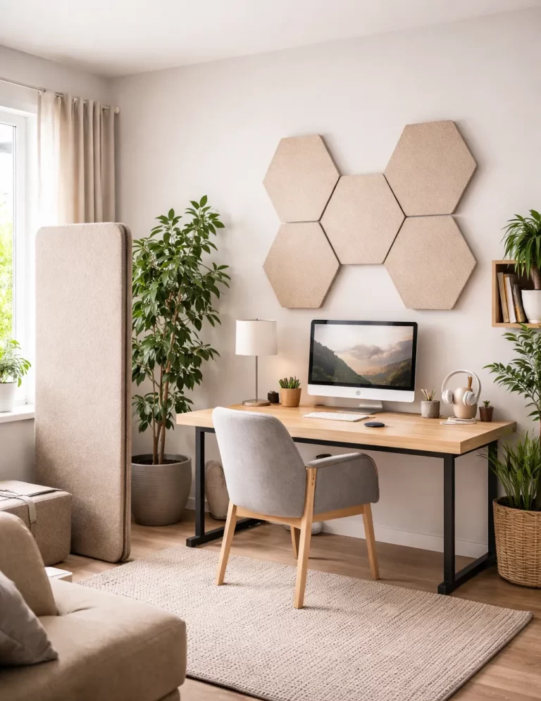 Rustige thuiswerkplek met akoestische panelen en zachte materialen voor minder galm.