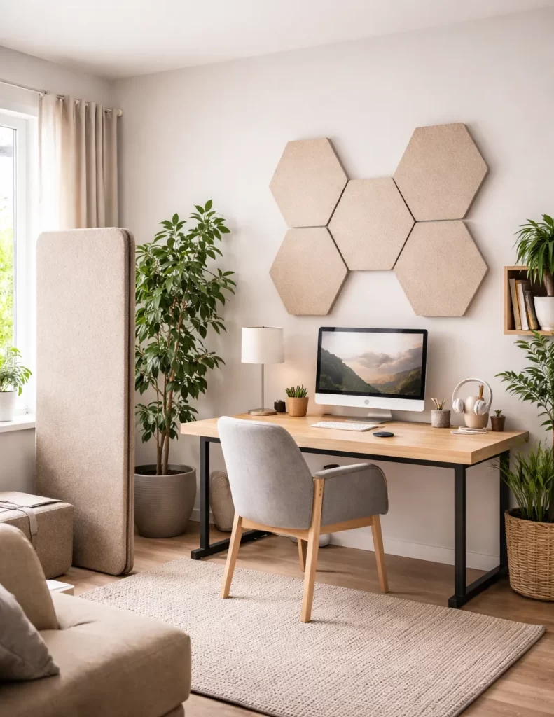 Rustige thuiswerkplek met akoestische panelen en zachte materialen voor minder galm.
