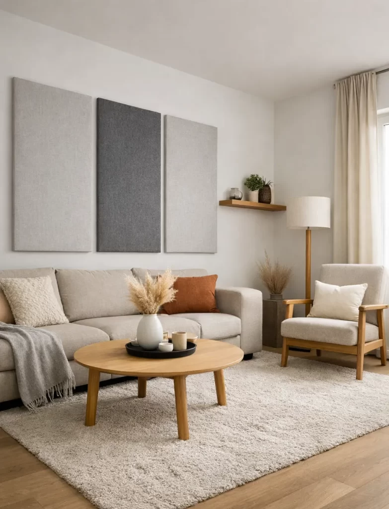 Zachte materialen en akoestische panelen helpen de galm in huis te verminderen.