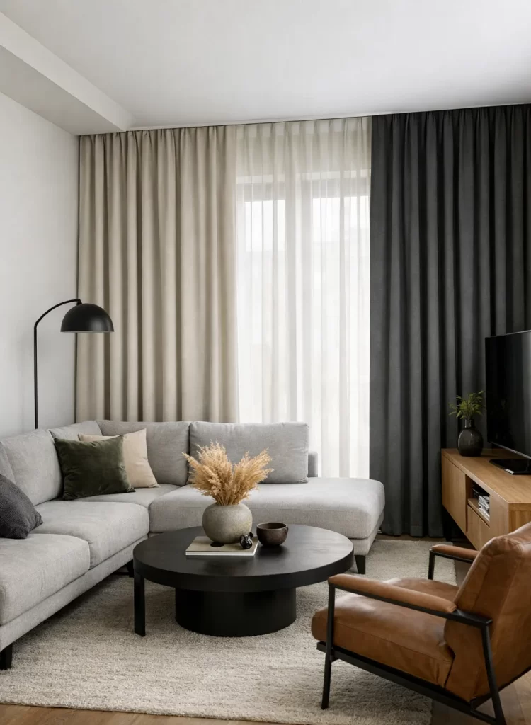 Dikke, lange gordijnen helpen galm te verminderen en maken de ruimte rustiger.