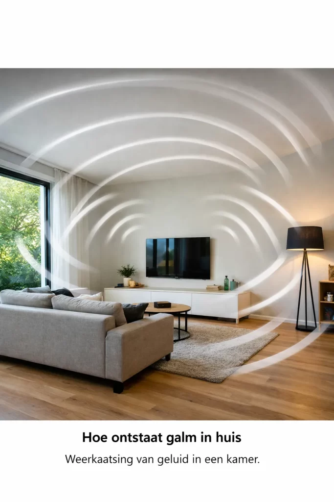 Galm ontstaat wanneer geluid tegen harde oppervlakken weerkaatst en blijft hangen.