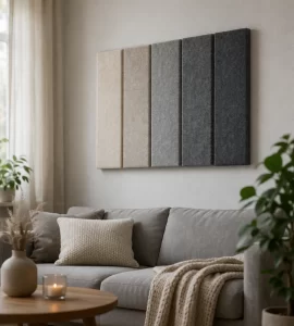 Moderne, stijlvolle akoestische wandpanelen die rust, warmte en betere geluidsdemping in de woonkamer brengen.