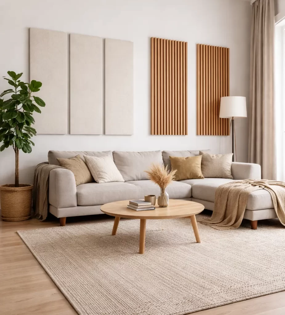 Moderne woonkamer met vloerkleed, gordijnen en akoestische panelen tegen galm.