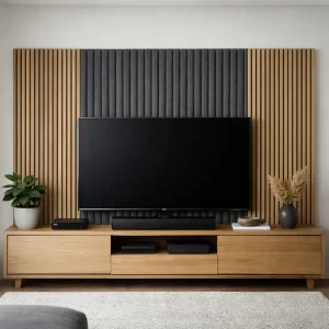 Moderne tv-wand met akoestische panelen in houtlook voor een strakke en rustige uitstraling.