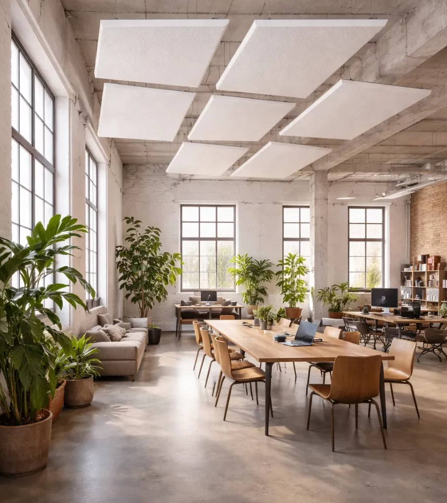 Realistische hoge ruimte met akoestische panelen.