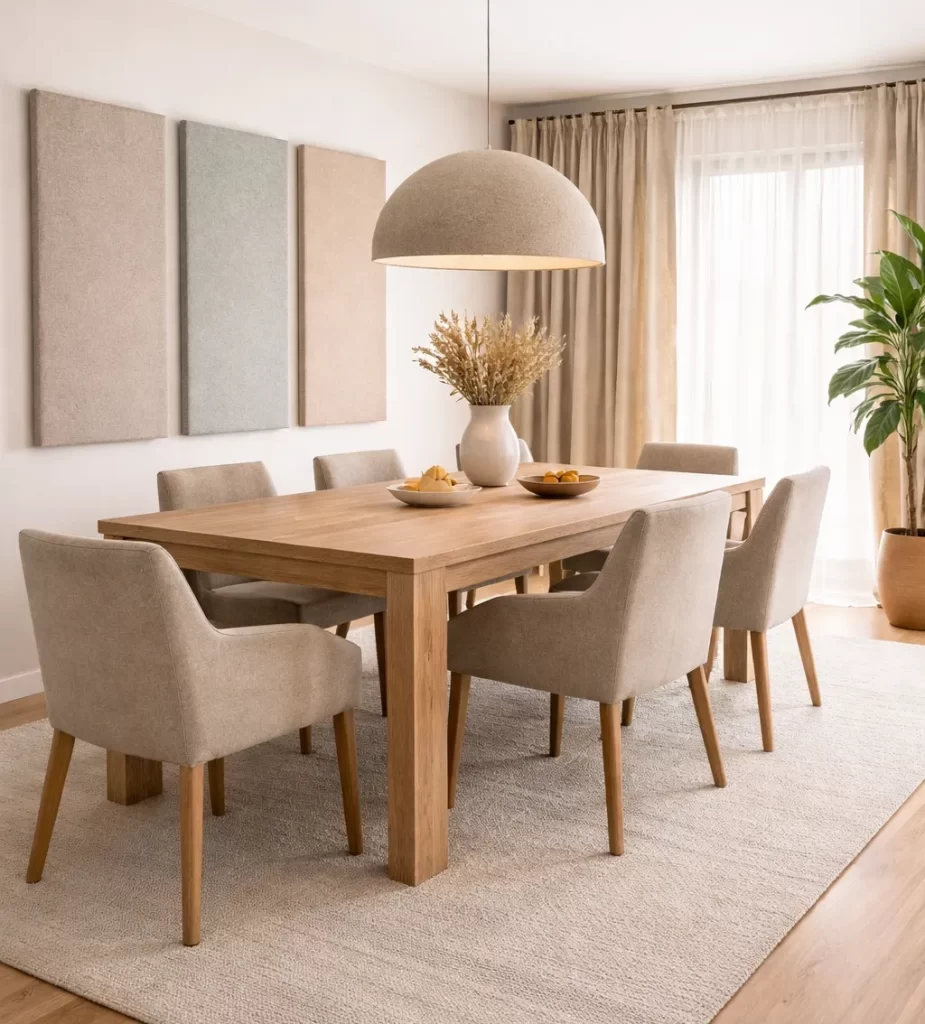 Rustige eetkamer met zachte materialen die echo en galm dempen.