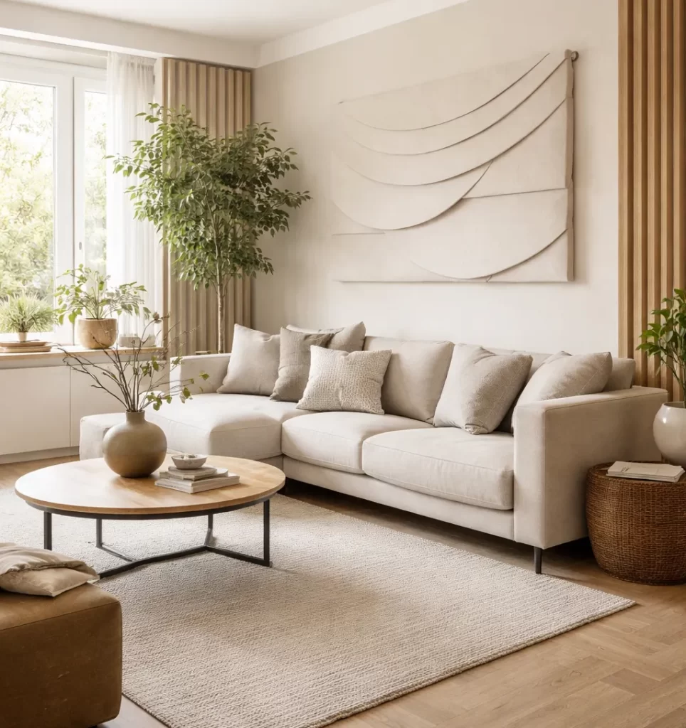 Warme woonkamer met zachte materialen, houten latten en stijlvolle akoestische oplossingen.