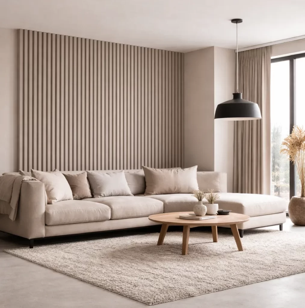 Moderne woonkamer met zachte kleuren en akoestische wandpanelen voor minder galm en meer rust.