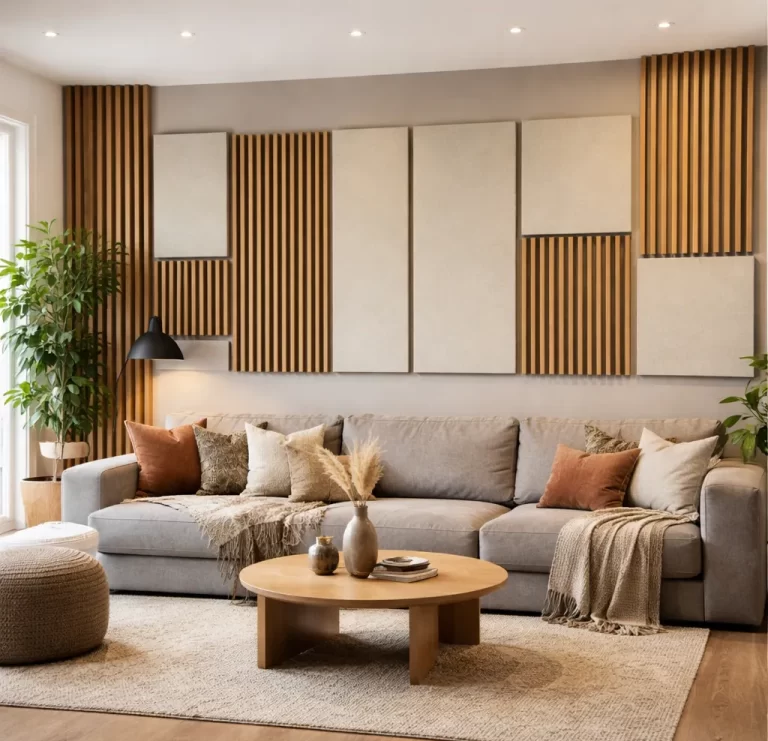 Moderne woonkamer met stijlvolle akoestische wandpanelen in een warme, rustige sfeer.
