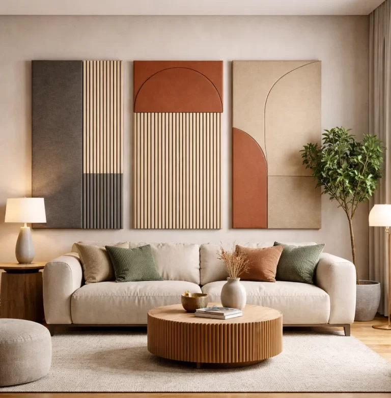 Moderne ruimte met houten akoestische panelen en warme, rustige uitstraling.